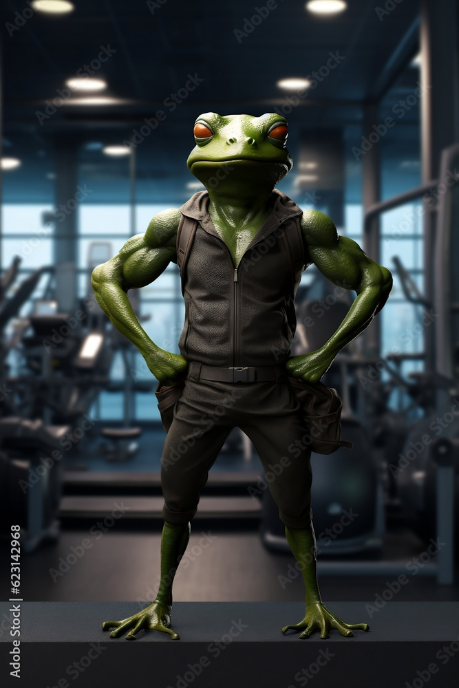 Fototapeta premium fit frog standing at the gym, Muscular Frog Flexing at the Gym, generative AI