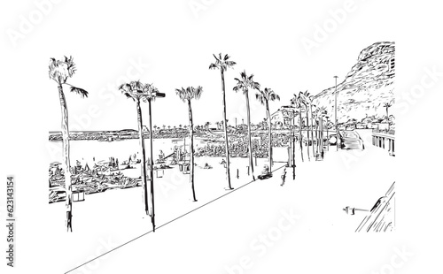 Building view with landmark of Puerto Rico de Gran Canaria is a holiday resort Spanish island in Gran Canaria. Hand drawn sketch illustration in vector.