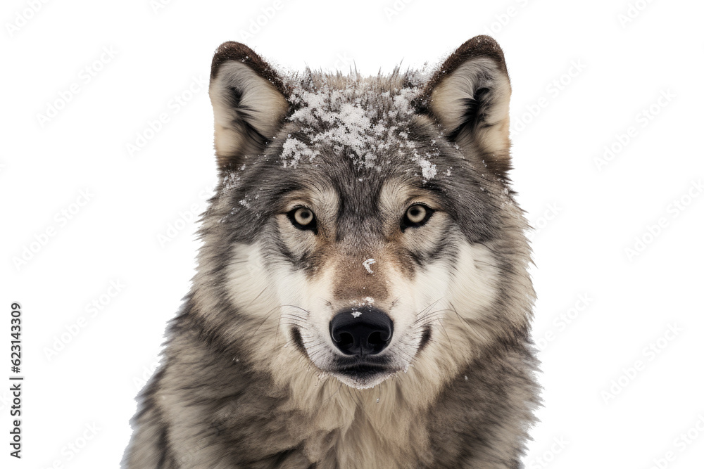 A portrait of a wolf with snow on head, isolated, white background, generative ai