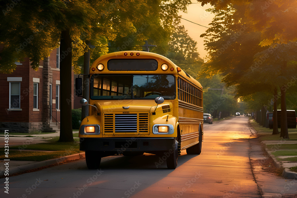 Obraz premium A school bus is driving on a road, Generative AI