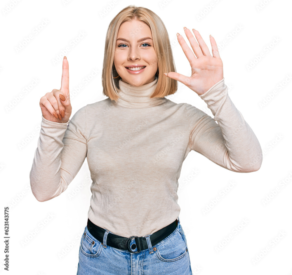 Young blonde woman wearing casual clothes showing and pointing up with fingers number six while smiling confident and happy. Young blonde woman wearing casual clothes showing and pointing up with fingers number six while smiling confident and happy.