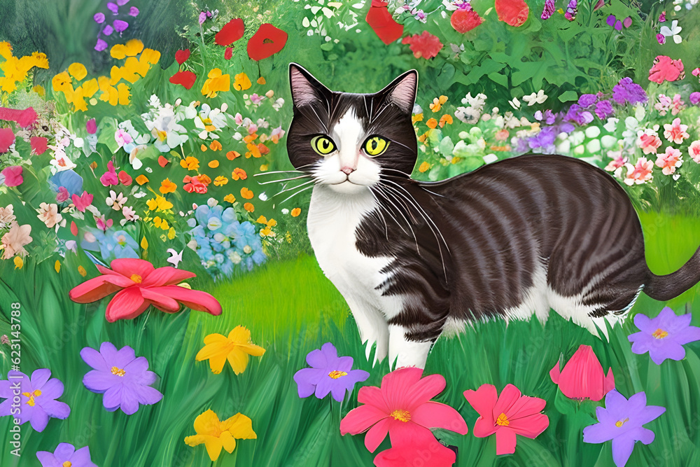 Cat in a flower garden Generative AI