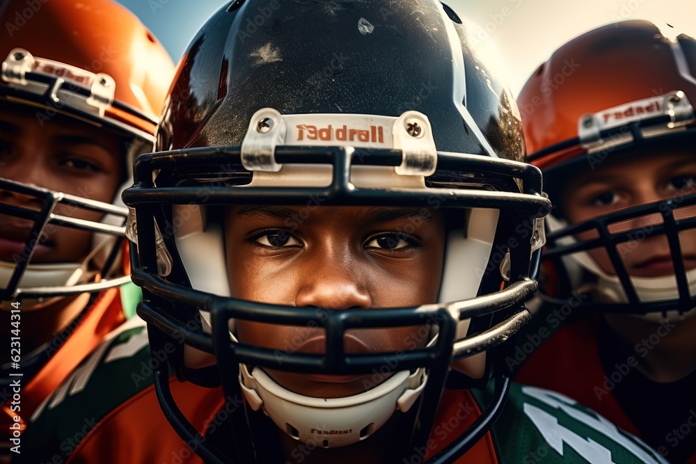 Multiracial teen boy team play in American football. Multiracial teen boy team play in American football.