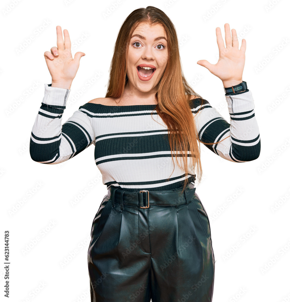Young beautiful redhead woman wearing elegant clothes showing and pointing up with fingers number eight while smiling confident and happy. Young beautiful redhead woman wearing elegant clothes showing and pointing up with fingers number eight while smiling confident and happy.