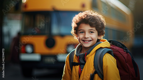 Elementary school boy at the front of the school bus. Education in USA, safety