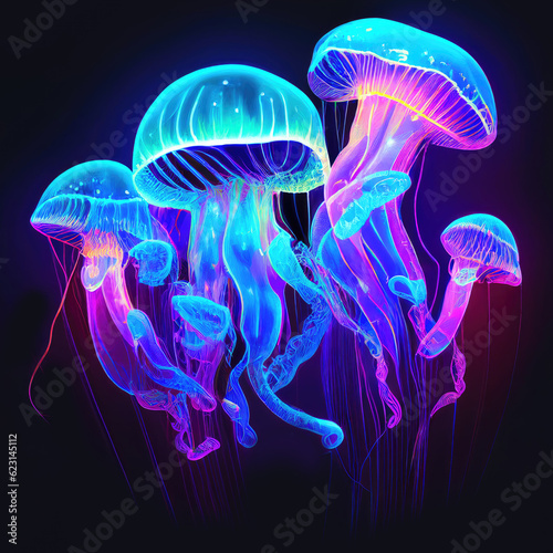 Vivid neon light illustration of jellyfishes, Generative AI