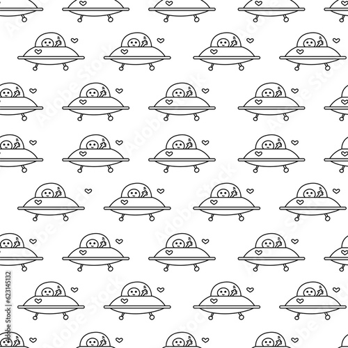 Black and white pattern with an alien on a flying saucer in space