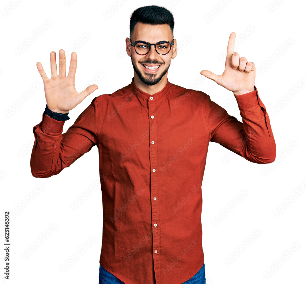 Young hispanic man with beard wearing business shirt and glasses showing and pointing up with fingers number seven while smiling confident and happy. Young hispanic man with beard wearing business shirt and glasses showing and pointing up with fingers number seven while smiling confident and happy.