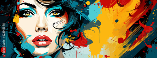 Expressive material vector banners, featuring strong, militant female faces. Harmonized with abstract backgrounds. Ample text space. Ideal for web use.