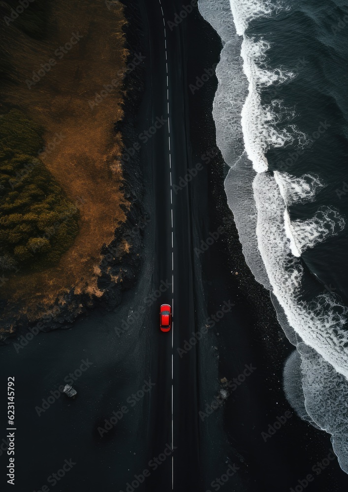 Black sand beach, with road and red car on, travel holiday, wallpaper. Generative Ai.