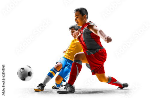 Children's soccer players in action isolated white background