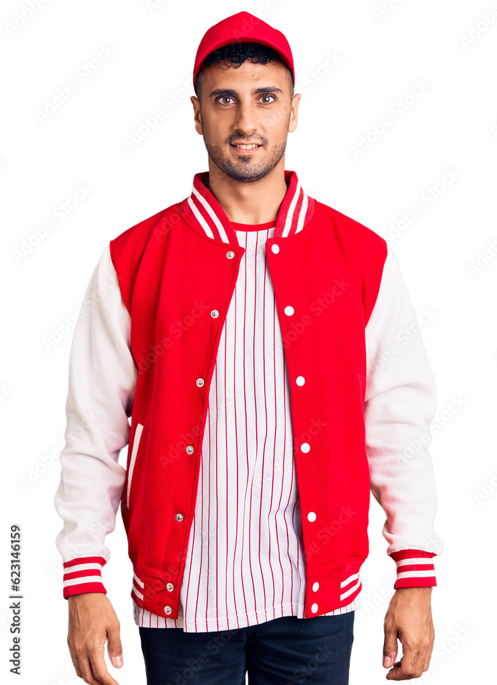 Young hispanic man wearing baseball uniform with a happy and cool smile on face. lucky person.