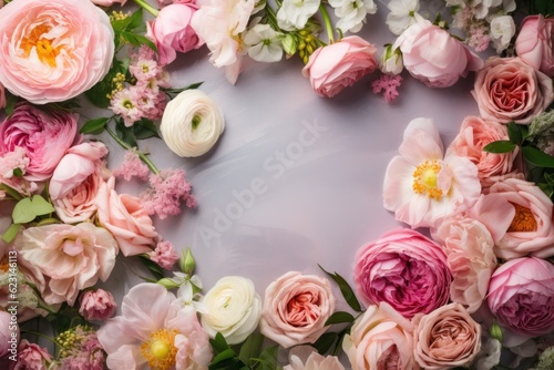 Composition top view of pretty rose flowers on white background. © Nataly