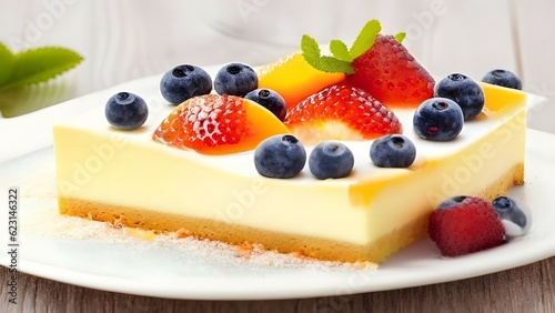 tasty cheesecake with berries on table