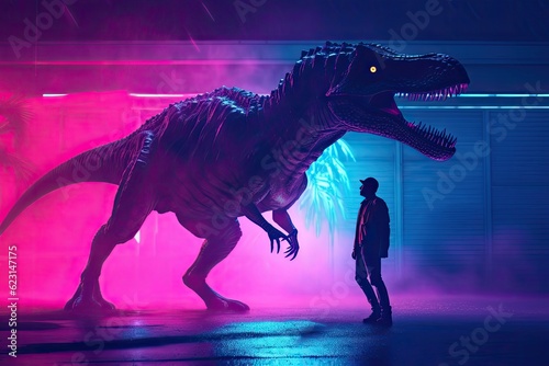 Face your Fear A man standing in street at midnight looking up to a monster, dinosaur. Fog and neon lights at night. Generative ai. © The other house