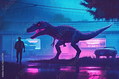 A man standing next to a dinosaur  illustration with extinction light. Generative ai.