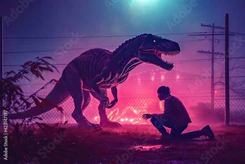 Dinosaur looking monster with a man, Generative AI © The other house