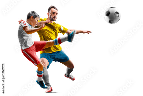Fototapeta Naklejka Na Ścianę i Meble -  Children with adult soccer players in action isolated white background