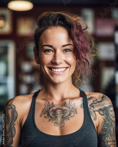 Portrait of a 40 year old tattoo artist standing in her tattoo studio.
