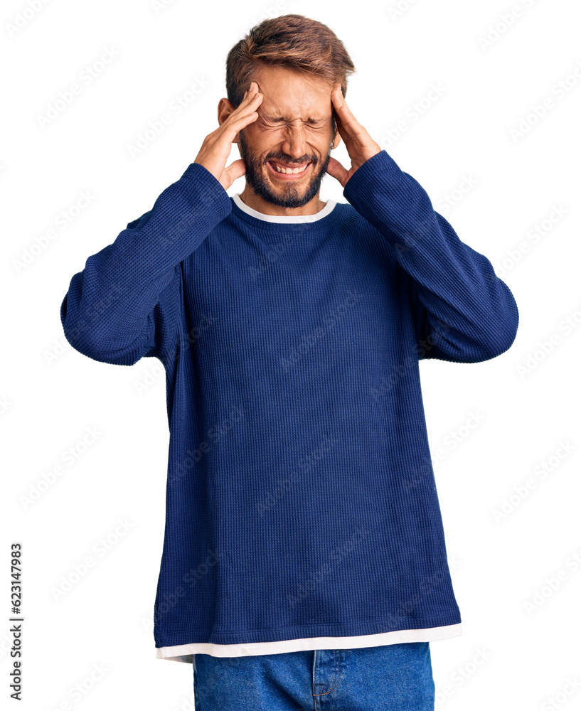 Handsome blond man with beard wearing casual sweater with hand on head, headache because stress. suffering migraine. Handsome blond man with beard wearing casual sweater with hand on head, headache because stress. suffering migraine.