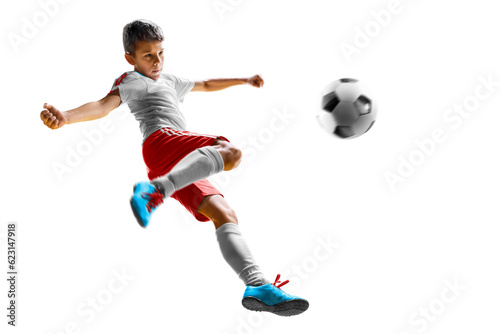 Fotografia children soccer player in action isolated white background
