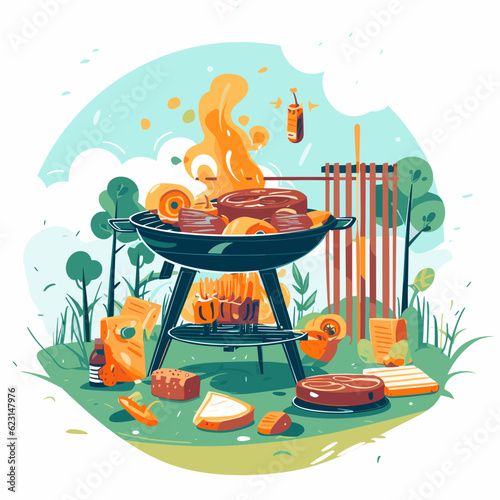 BBQ time, grill party. Grilled meat on a summer barbecue. Cartoon vector illustration.