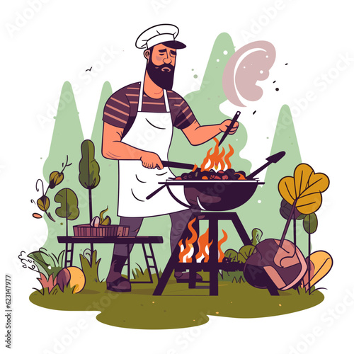 Chef cooking meat on barbecue grill. Grilling at summer weekend. Cartoon vector illustration.