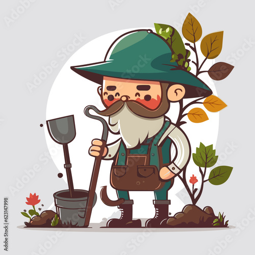 A gardener puts new plants in the ground. Gardening work, maintenance of greenery and parks. Cartoon vector illustration.