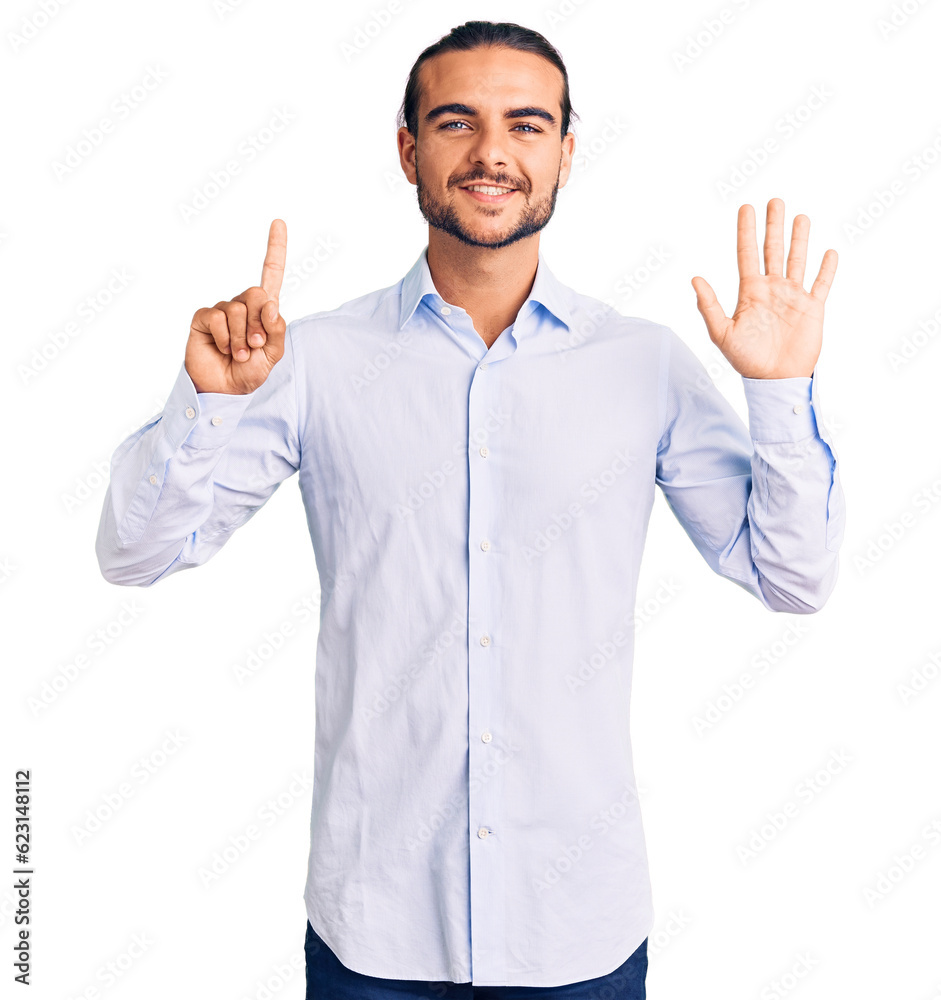 Young handsome man wearing business clothes showing and pointing up with fingers number six while smiling confident and happy. Young handsome man wearing business clothes showing and pointing up with fingers number six while smiling confident and happy.