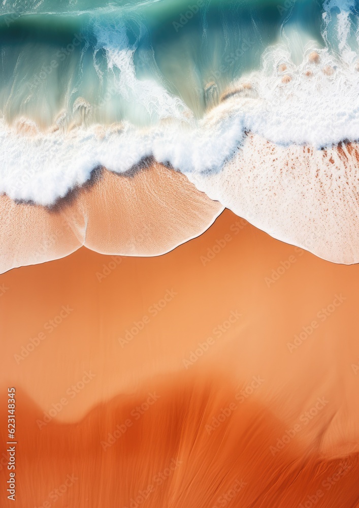 Orange sand near blue clear water beach, travel destination aerial view, summer wallpaper. Generative Ai.