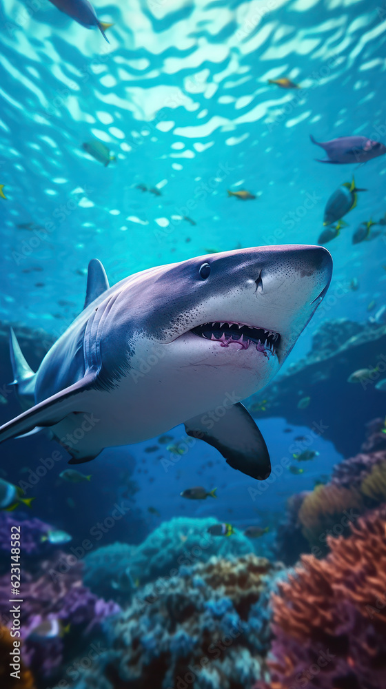 Great White Shark swims in the ocean near the reef. undersea world. close up shot. generative ai, ai, generative Great White Shark swims in the ocean near the reef. undersea world. close up shot. generative ai, ai, generative