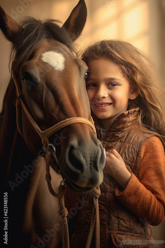 little Arabic, Turkish, child with a horse. girl at the farm in the forest in autumn. generative ai, generative, ai