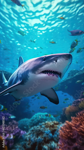 Great White Shark swims in the ocean near the reef. undersea world. close up shot. generative ai  ai  generative