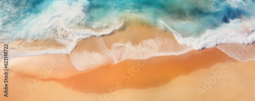 Orange sand near blue clear water beach  travel aerial view  summer panorama wallpaper. Generative Ai.