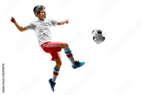 Fototapeta Naklejka Na Ścianę i Meble -  children soccer player in action isolated white background