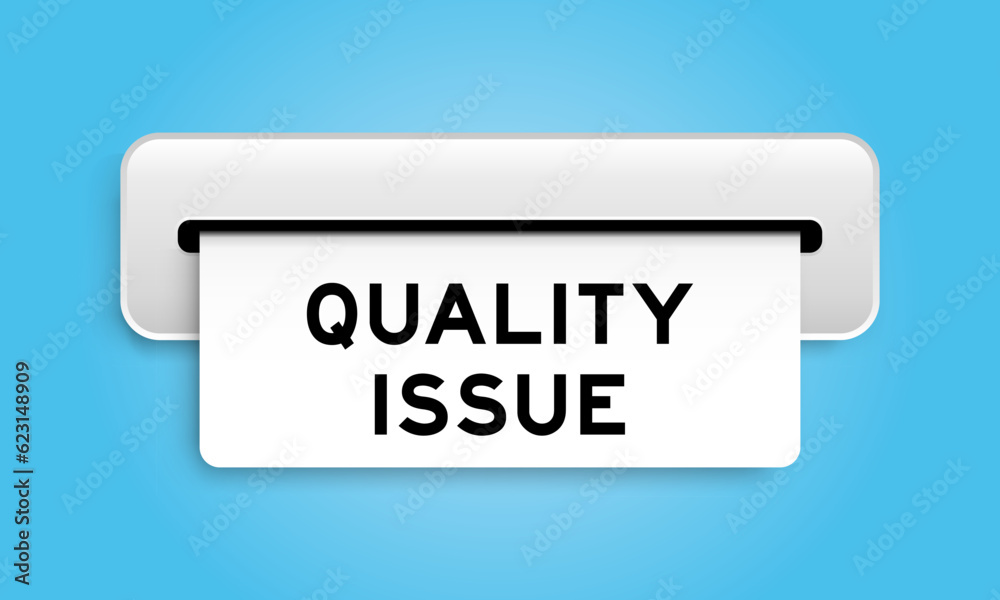 White coupon banner with word quality issue from machine on blue color background White coupon banner with word quality issue from machine on blue color background