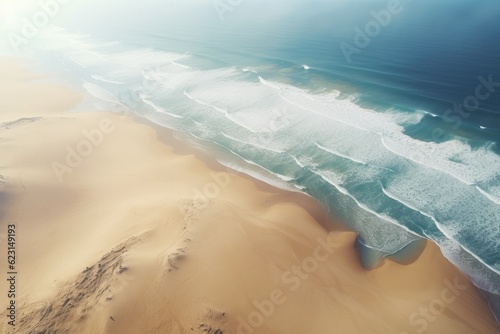 Orange sand near blue clear water beach  travel destination aerial view  summer wallpaper. Generative Ai.