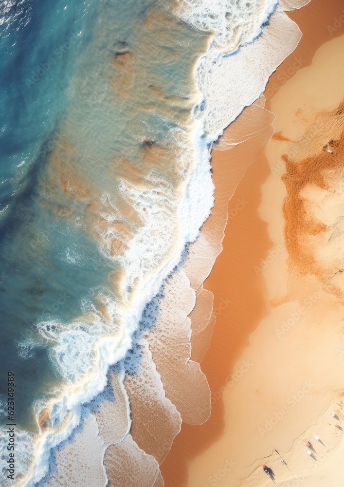Naklejka premium Orange sand near blue clear water beach, travel destination aerial view, summer wallpaper. Generative Ai.