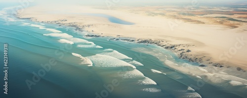 Orange sand near blue clear water beach  travel aerial view  summer panorama wallpaper. Generative Ai.