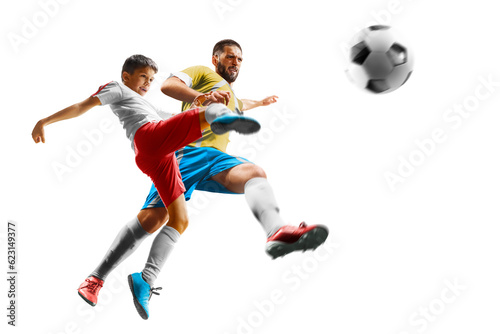 Children with adult soccer players in action isolated white background © 103tnn