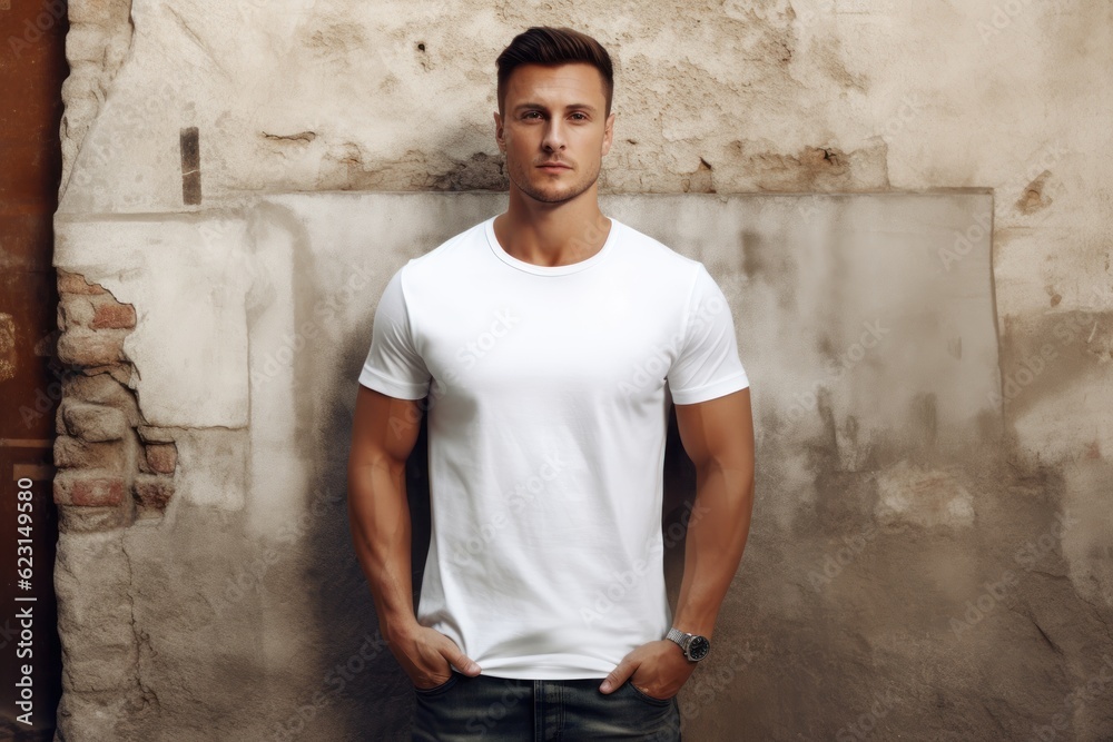 a photo of a handsome model fit guy with a blank white canvas t-shirt. old vintage house stone wall background. Generative AI