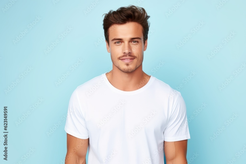 a photo of a handsome fit model guy with a blank white canvas t-shirt. pastel blue wall background. Generative AI a photo of a handsome fit model guy with a blank white canvas t-shirt. pastel blue wall background. Generative AI