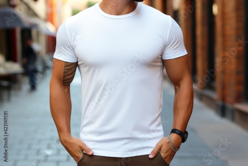 a photo of a handsome model fit guy with a blank white canvas t-shirt. walking on a city street background. face not seen. Generative AI