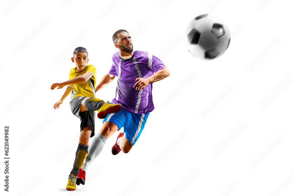 Children with adult soccer players in action isolated white background