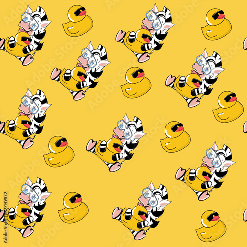 Funny cartoon summer zebra with ducks seamless pattern on a yellow background. Vector illustration for kids. Design for t-shirt