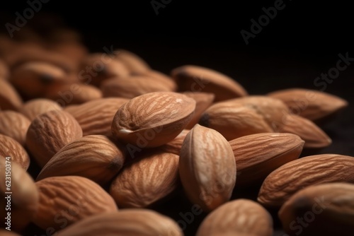 Close up of lots of almonds on black background.