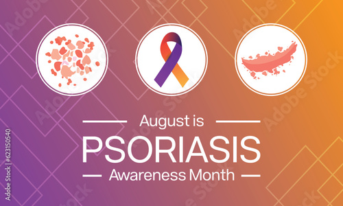 Psoriasis Awareness Month design. It features a purple orange ribbon and skin rash patch. Vector illustration