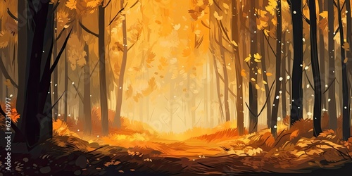 tranquil autumn forest with golden leaves gently falling vibrant warm colors, creating a sense of nostalgia Generative AI Digital Illustration