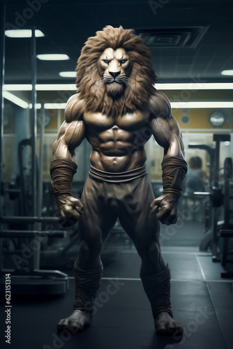 fit Lion standing at the gym, King of the Fitness Jungle, Majestic Lion Flexes Muscles at the Gym, generative AI
