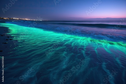 Ocean, neon reflection in water. Fututistic landscape. Generaative ai photo